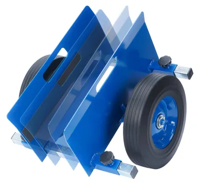 Imagen del producto de Carro para transportar planchas de madera, con una capacidad de carga de hasta 500 kg, equipado con 2 ruedas de goma maciza, y con una abrazadera de 0 a 23 cm de ancho