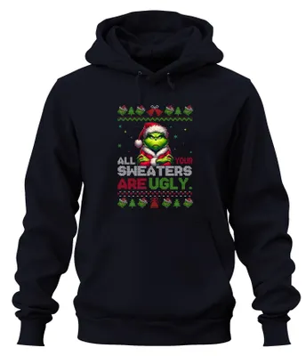 Immagine prodotto di Felpa con cappuccio a tema "Grinch", divertente, con la scritta "Tutti i tuoi maglioni sono brutti", ideale per Natale, colore blu navy, taglia L