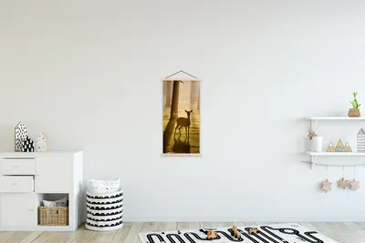 Produktbild von MuchoWow® Textilposter Hirsche - Sonne - Bäume 40x80 cm mit holzfarbenen Rahmen - Wohnzimmer