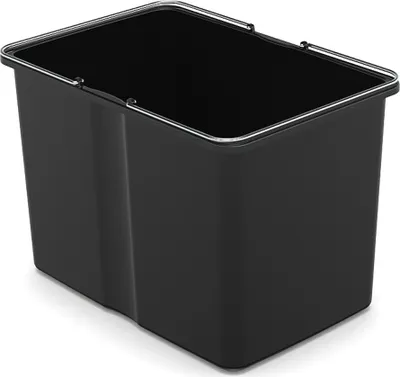 A black rectangular bucket with a silver rim and handle attachment points, shown from a slightly elevated side angle on a white background.