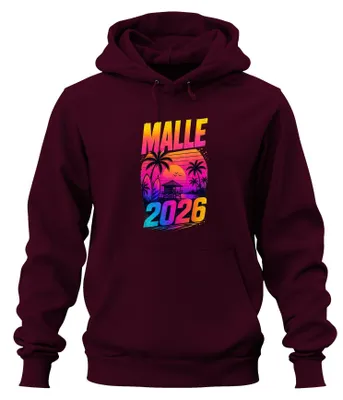 Obrázek produktu pro Malle 2026, párty, dovolená na Mallorce, retro, západ slunce, mikina s kapucí "Ballermann", barva: vínová, velikost: M