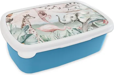Produktbild von KitchenYeah® Lunchbox Brotzeit Brotdose 17x11 cm Dschungel - Tiere - Aquarell - Jungen - Mädchen - Kinder - Kinder Kinder Brotzeitdose - Lunch - Kunststoff  - Brotbüchse - Sandwichbox - Lunchbox für K