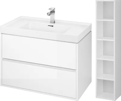 Productafbeelding van BADLAND Badmeubelset CREA 80: Wastafelonderkast met hoge kast (140x30x25), badkamerplank, wit