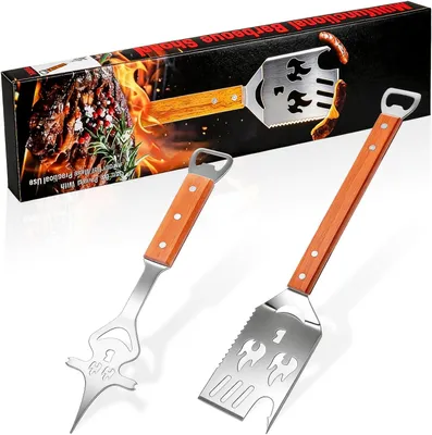 Image de Ensemble d'ustensiles de barbecue, 8 pièces, en acier inoxydable avec manche en bois : spatule de 42x8,7 cm, fourchette de 33x8 cm, pour la cuisine