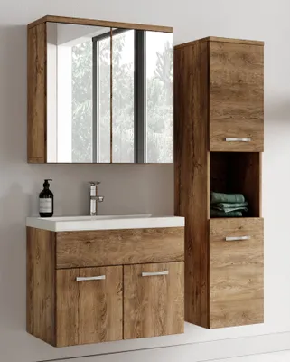 Image de Meuble de salle de bain Montreal 60 cm avec miroir armoire Chene marron - Armoire de rangement Meuble lavabo evier Meubles