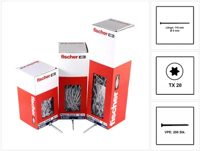 Produktbild von fischer Spanplattenschraube PowerFast, FPF II CTP 5,0 x 110 BC 200 Senkkopf mit Innenstern TX Teilgewinde galvanisch verzinkt, blau passiviert, 200 Stück