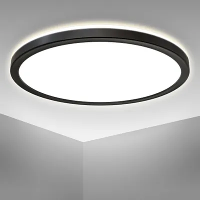 Image de Plafonnier LED ultra-plat Ø29cm rond 18W 2400lm 4000K blanche neutre avec rétroéclairage – Éclairage moderne design pour salon, chambre, cuisine, bureau, couloir