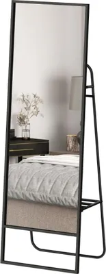 Produktbild von AIORBER Ganzkörperspiegel 157 x 50 cm Standspiegel mit Regal und Haken im industriellen Design Metallrahmen für Schlafzimmer Wohnzimmer Schwarz