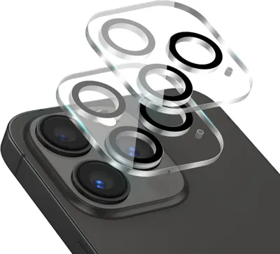 A close-up shot of a clear camera lens protector placed over the camera lenses of a dark-colored smartphone.