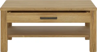 A wooden coffee table with a drawer and a shelf.