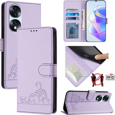 Obrázek produktu pro Kožené pouzdro pro Honor 70 Pro, sladká kočka Flip pouzdro s funkcí stojánku a peněženkou Fialová