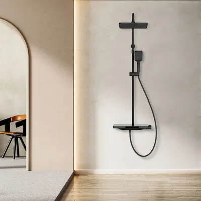 Produktbild von Schwarz Duschsystem mit Thermostat,  [45% wassersparende] Handbrause, HOMELIVE Regendusche mit Armatur, Duscharmatur Komplettset, Badezimmer Dusche