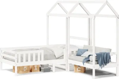 Imagen del producto de Cama y banco de madera maciza con dosel, color blanco, 75x190 cm, madera de pino
