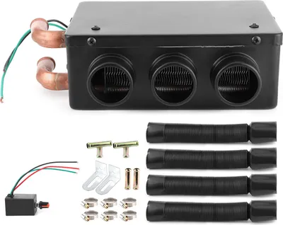 A car heater unit and its accessories are displayed against a white background.