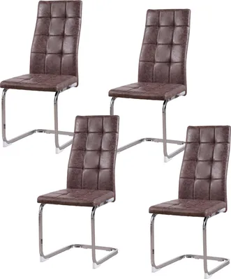 Four brown dining chairs with chrome legs are arranged on a white background.