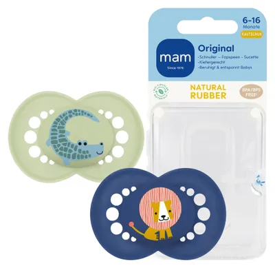 Produktbild von MAM Original Latexschnuller im 2er-Set, Schnuller aus nachhaltigen, -erneuerbaren Materialien, Baby Schnuller mit symmetrischem & kiefergerechtem Sauger, 6-16 Monate, Bär/Fuchs