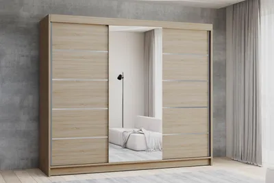 Produktbild von Easy Furniture D6 Schiebetüren Kleiderschrank 200 cm mit Spiegel - Schlafzimmermöbel, Aufbewahrung - Mehrzweckschrank - Farbe: Sonoma - 3 Schiebetüren - Kleiderschrank