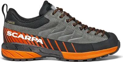 Der Mescalito Lace Kid GTX Kids Schuh von Scarpa in Grau und Orange; ideal für Kinder beim Zustieg.
