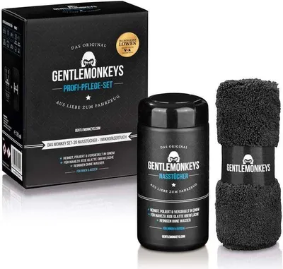 Zdjęcie produktu dla Zestaw do czyszczenia pojazdów GENTLEMONKEYS - 20x chusteczki nawilżane, 1x ściereczka z mikrofibry