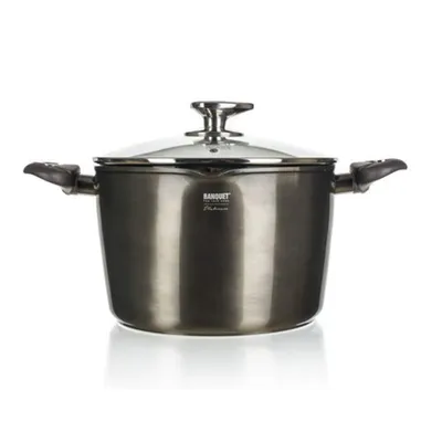 A studio shot of a metallic gray pot with a glass lid and silver handles, set against a white background.