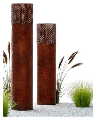 Produktbild von Windlichtsäule im Rostdesign, 2er Set, Deko-Säule für Garten im Industrial Design, Windlicht für drinnen und draußen, Rostlaterne mit Kerzen, orientalisch, 95cm + 75cm