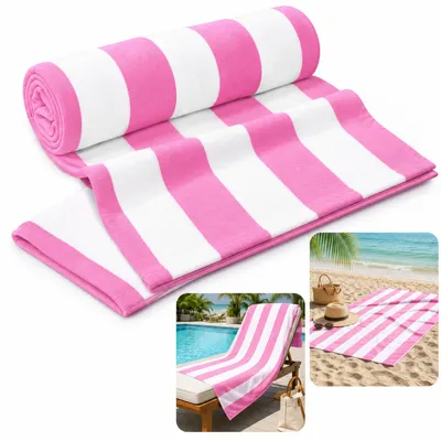 Produktbild von Riesiges Strandtuch aus Baumwolle, 90 x 180 cm, gestreift, weich, Pool- & Cabana-Handtuch, rosa