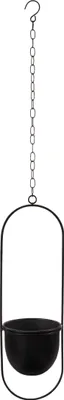 A black hanging planter with a chain, isolated on a white background.