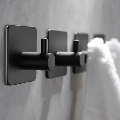 Image de Porte-serviettes sans perçage, crochets en acier inoxydable, crochets adhésifs, crochets muraux, crochets adhésifs pour la cuisine et la salle de bains, noir mat, lot de 4