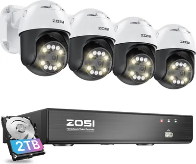 Produktbild von ZOSI 5MP PoE Überwachungskamera Set Aussen, 4X 355°/140° Schwenkbar IP Dome Kamera und 8CH 5MP PoE NVR mit 2TB HDD, 2-Wege-Audio, Ton- und Lichtalarm