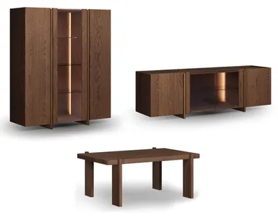 Produktbild von Wohnzimmer-Set Travertino 3-teilig Wildeiche Tabak Massivholz Naturstein wählbar,ohne Travertin Naturstein