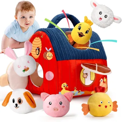 Produktbild von Baby Montessori Sensorikspielzeug Scheune mit 6 Tierrasseln Bauernhof ab 6 Monate
