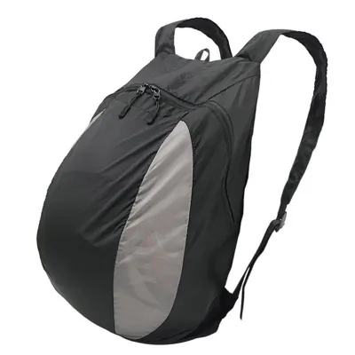 A black and gray backpack shown from a side angle against a white background.