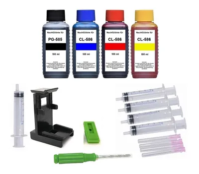 Productafbeelding van Navulset voor inktpatronen Canon PG-585 (XL) + CL-586 (XL) - 4 x 100 ml navulinkt + accessoires voor Pixma TS7640i, TS7650i, TS7740i, TS7750i