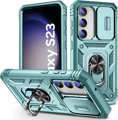 Produktbild von Galaxy S23 Hülle, Schiebe Kamera Schutz Robust Rüstung Schutzhülle mit Ringhalterung Ständer Kartenhalter für Samsung Galaxy S23 Grün