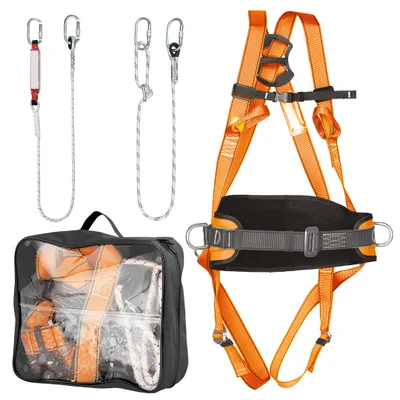 Obrázek produktu pro Bezpečnostní sada NEO TOOLS s bederním pásem a tlumičem nárazů; bezpečnostní postroj, M-XL, popruh 45 mm, bezpečnostní zachycovač pádu s 2m dlouhým lanem; 2m nastavitelné lano; 4 karabiny se šroubovací maticí