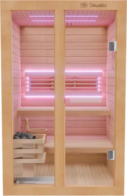 Produktbild von Dewello Finnische Sauna TOFINO 120x140 Kabine aus Hemlock Tannenholz mit 3,5 kW Harvia Ofen, inkl Sauna Set