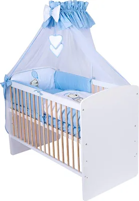 Produktbild von KMbaby Babybett K2 gelb-weiss 120x60 mit 10tlg Bettwäsche Set Matratze Gitterbett Teddybär mit Ballon blau