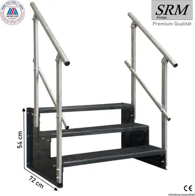 Productafbeelding van 3-traps opstapmodel 2, compleet in antraciet, breedte 90 cm, hoogte 54 cm, met 2 rechte leuningen