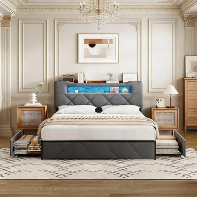 Imagen del producto de Cama tapizada de 140x200 cm con cabecero LED, cama doble con 4 cajones, cama juvenil, cama con espacio de almacenamiento, estructura de cama con somier, marco de metal, terciopelo, sin colchón, color gris