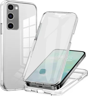 A clear protective phone case is shown, with one case enclosing a phone and another case shown separately.