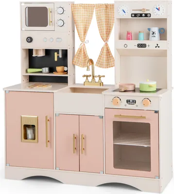 Produktbild von DREAMADE Kinderküche aus Holz mit 16 TLG. Spielzubehör, Kinder Küche Kinderspielküche mit Kaffeemaschine Herd Ofen, Koch Pretend-Spielset Spielküche (Rosa)