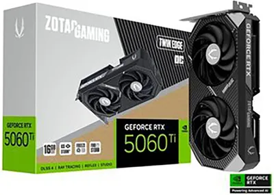 A ZOTAC GAMING GeForce RTX 5060 Ti graphics card and its packaging are displayed.