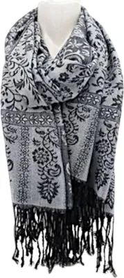 Produktbild von Damen Winter Schal » Winterschal 175 x 70 cm » Fransenschal mit Paisleymuster » Blumen Muster » seidig weich: Grau Farbe: Grau