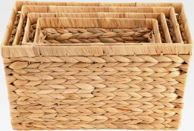 Produktbild von 4er-Set Aufbewahrungskörbe aus Wasserhyazinthe, Rechteckig, Naturfarben, Flechtkörbe in S/M/L/XL, stapelbar für Bad, Büro & Wohnzimmer