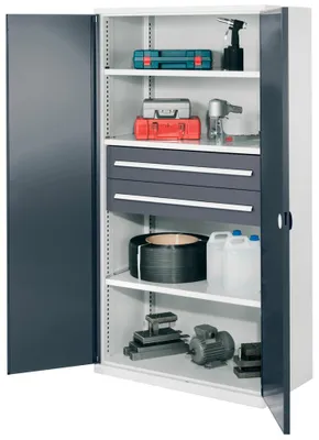 Produktbild von Schwerlastschrank, Vollblechtüren, 3 Fachböden, 2 Schubl.175 mm, BxTxH 1000x600x1950 mm, RAL 7035/7016