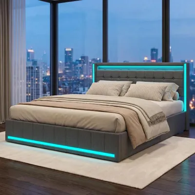 Image de Lit coffre 140x200 cm, lit avec rangement, 4 tiroirs, lit capitonné avec LED et port USB, structure de lit double avec sommier à lattes, lit pour adolescents, tissu lin, couleur gris