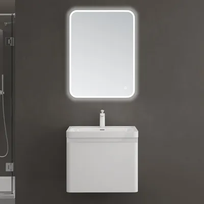 Image de doporro Meuble de Salle de Bain Suspendus Blanc 60x42x50cm Ensemble de 3 Pièces Meuble avec Lavabo et Miroir Design Ancona