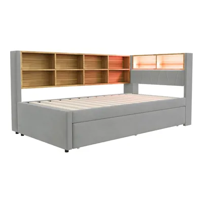 Produktbild von Flieks Tagesbett Schlafsofa 90x200cm mit Ausziehbett, Polstebett Sofabett mit Ladefunktion & LED, Einzelbett Holzbett Daybed, Samt, Hellgrau