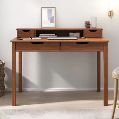 Produktbild von Schreibtisch RAUL mit 4 Schubladen aus Massivholz, Kastanien farben - Bürotisch mit Stauraum und Nische, Home-Office-Schreibtisch, PC-Tisch mit Aufsatz