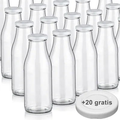 Produktbild von Milchflaschen 0,5L Smoothie Saft Flaschen 500ml leere Glasflaschen Deckel BPA frei, 20 Milchflaschen mit 40 Deckeln